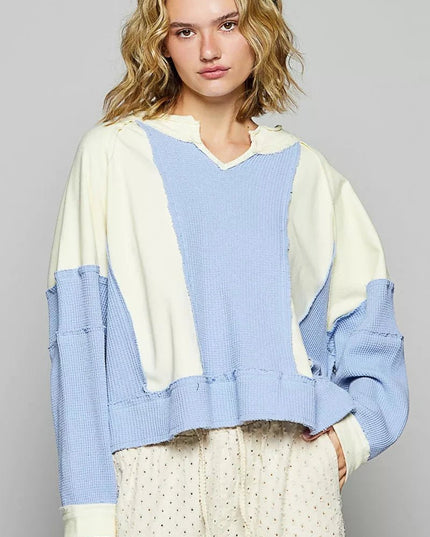 POL Color Block Waffle Knit Raw Hem Sweatshirt - Trendsi