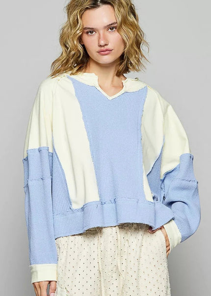 POL Color Block Waffle Knit Raw Hem Sweatshirt - Trendsi