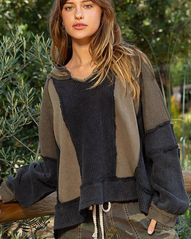 POL Color Block Waffle Knit Raw Hem Sweatshirt - Trendsi