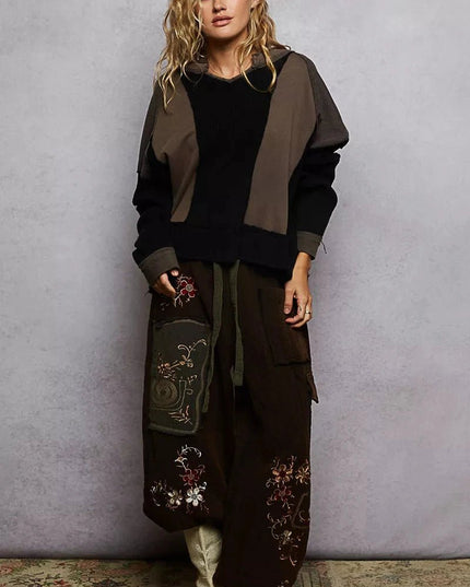 POL Color Block Waffle Knit Raw Hem Sweatshirt - Trendsi