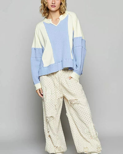POL Color Block Waffle Knit Raw Hem Sweatshirt - Trendsi
