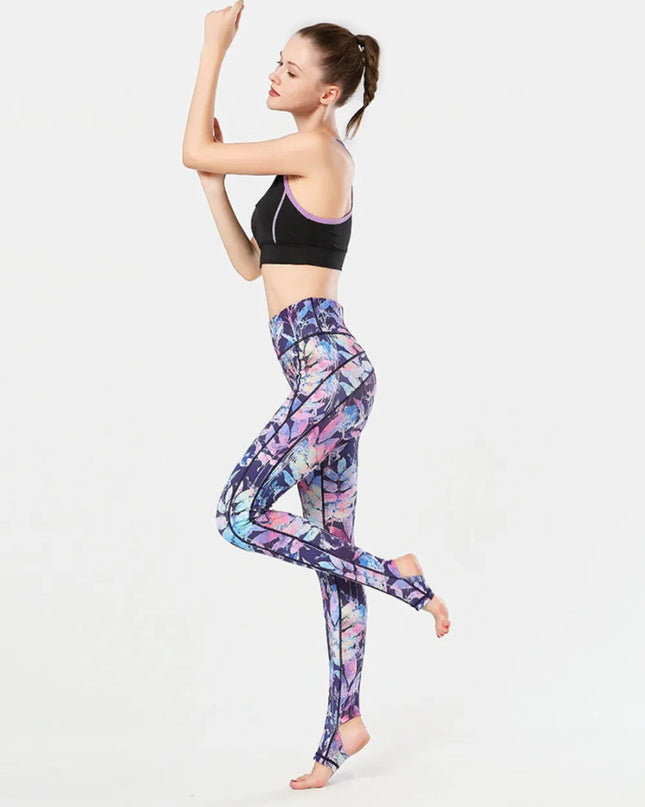 Printed Wide Waistband Active Leggings with Stirrups - Trendsi