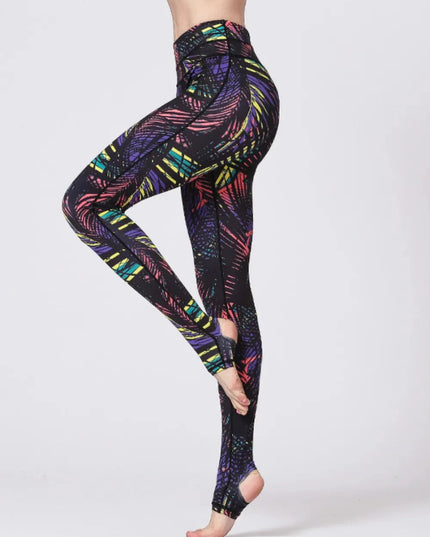 Printed Wide Waistband Active Leggings with Stirrups - Trendsi