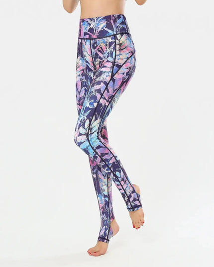 Printed Wide Waistband Active Leggings with Stirrups - Trendsi