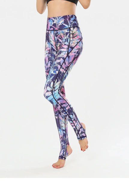 Printed Wide Waistband Active Leggings with Stirrups - Trendsi