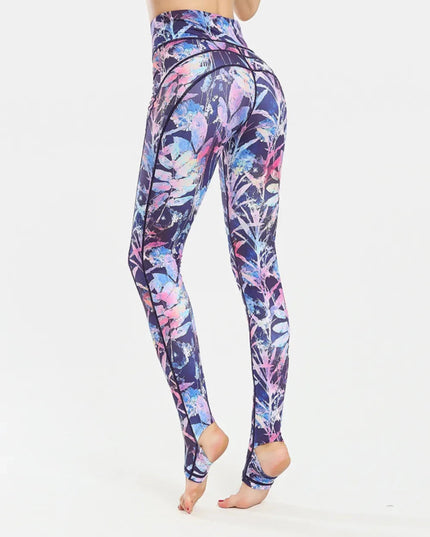 Printed Wide Waistband Active Leggings with Stirrups - Trendsi