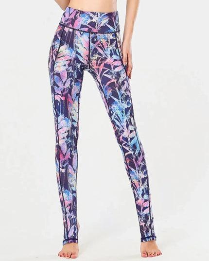 Printed Wide Waistband Active Leggings with Stirrups - Trendsi