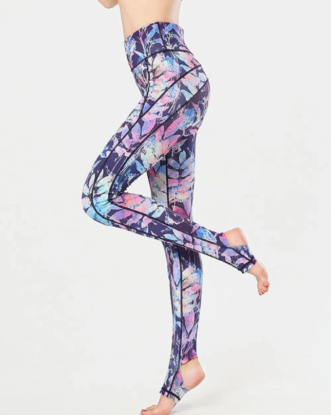 Printed Wide Waistband Active Leggings with Stirrups - Trendsi