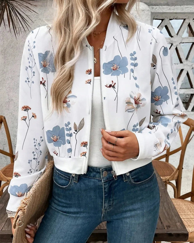 Printed Zip Up Long Sleeve Jacket - Trendsi