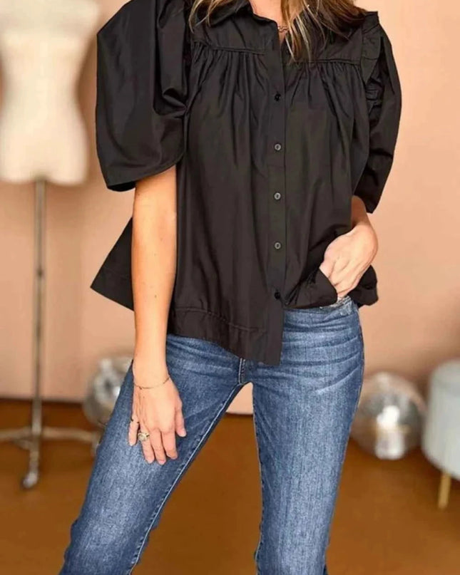 Puff Sleeve Button Down Shirt for Effortless Style and Comfort - Trendsi