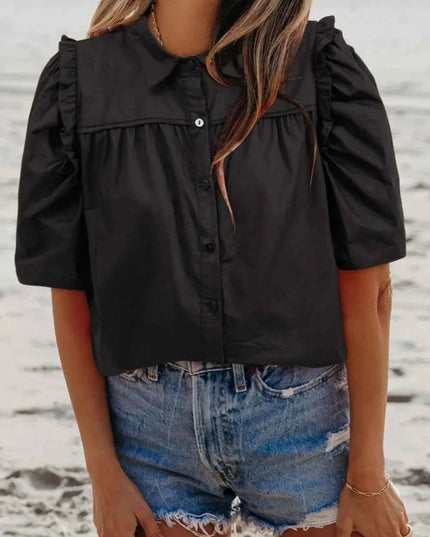 Puff Sleeve Button Down Shirt for Effortless Style and Comfort - Trendsi