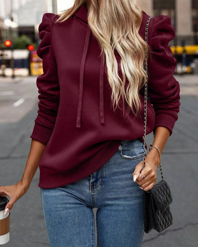 Puff Sleeve Hoodie with Drawstring - Trendsi