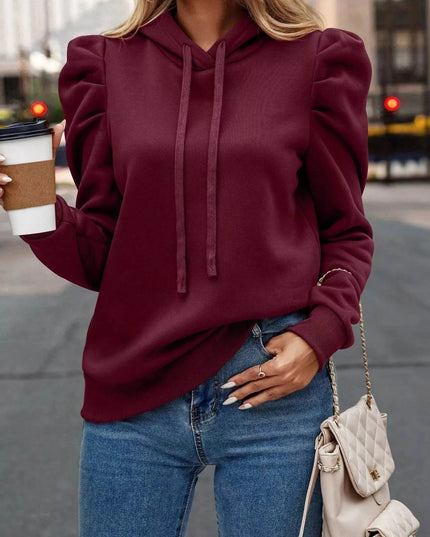 Puff Sleeve Hoodie with Drawstring - Trendsi