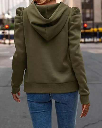 Puff Sleeve Hoodie with Drawstring - Trendsi