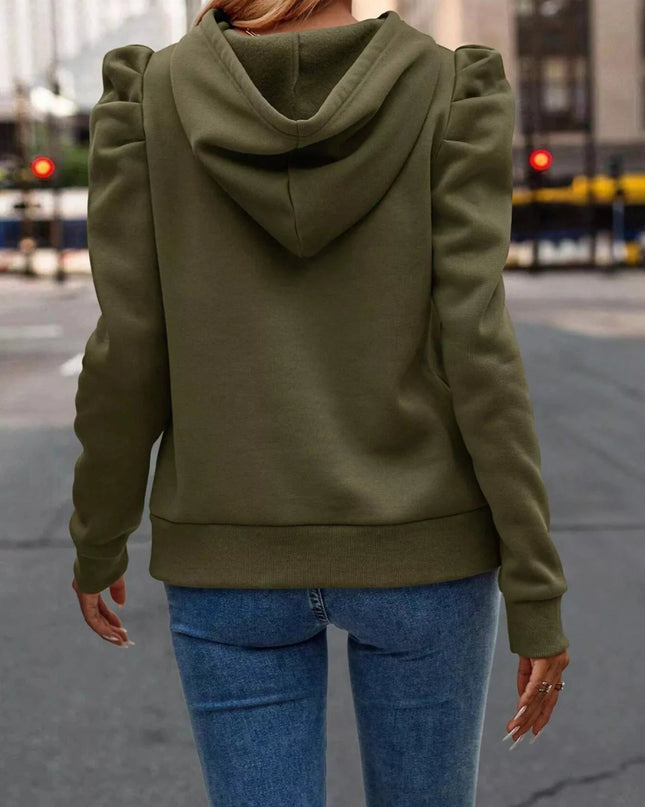 Puff Sleeve Hoodie with Drawstring - Trendsi