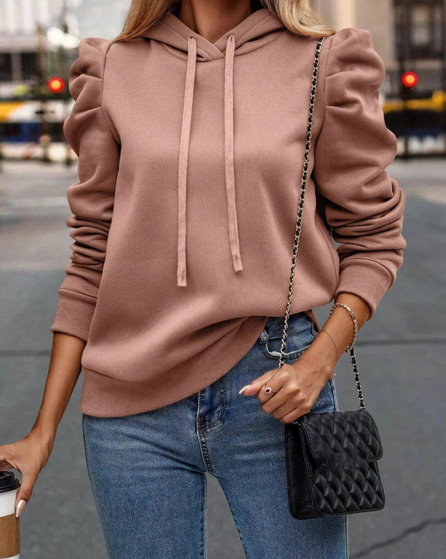 Puff Sleeve Hoodie with Drawstring - Trendsi