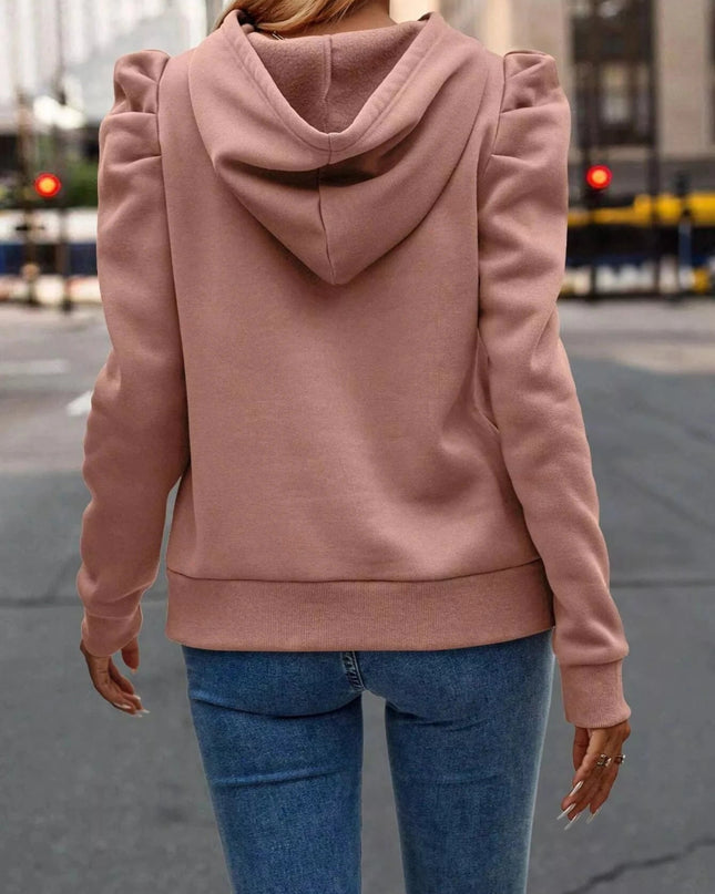 Puff Sleeve Hoodie with Drawstring - Trendsi