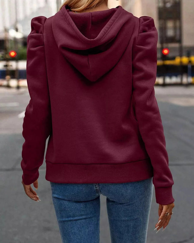 Puff Sleeve Hoodie with Drawstring - Trendsi