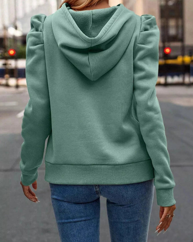 Puff Sleeve Hoodie with Drawstring - Trendsi