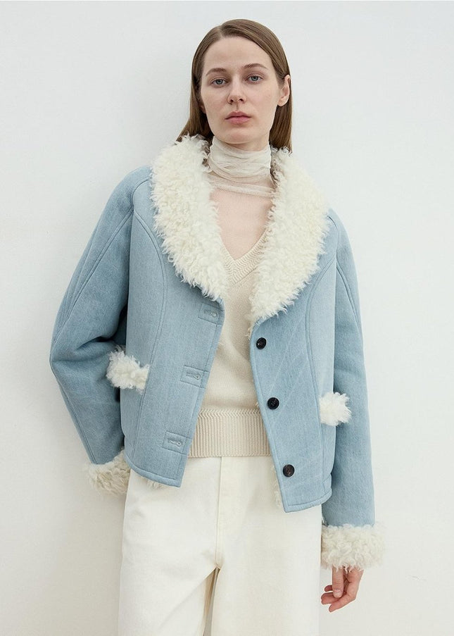 "Pure Era" Contrast Color Lamb Wool Short Coat – Shawl Collar Winter Jacket - Shearling Coat - Firelady Fur