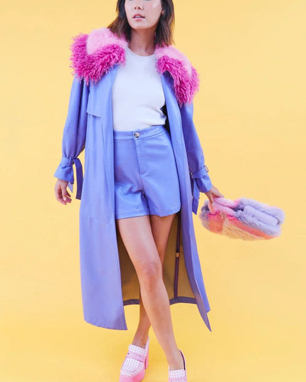 Purple Faux Leather Trench Coat w/ Detachable Faux Fur Collar - Faux Leather Coats - Buy Me Fur Ltd