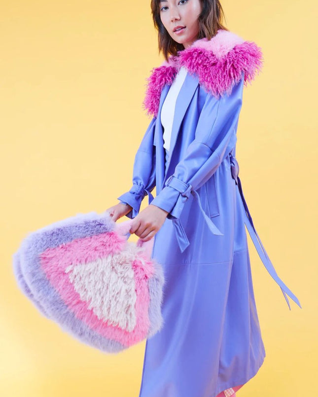 Purple Faux Leather Trench Coat w/ Detachable Faux Fur Collar - Faux Leather Coats - Buy Me Fur Ltd