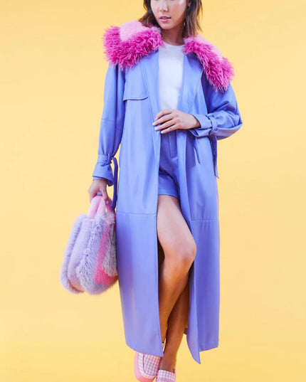 Purple Faux Leather Trench Coat w/ Detachable Faux Fur Collar - Faux Leather Coats - Buy Me Fur Ltd