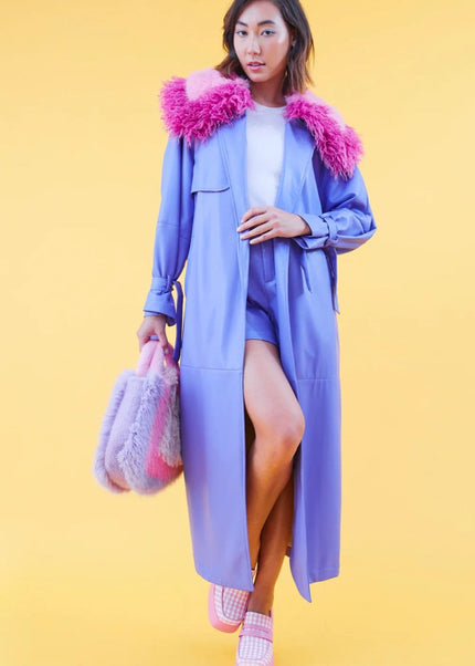 Purple Faux Leather Trench Coat w/ Detachable Faux Fur Collar - Faux Leather Coats - Buy Me Fur Ltd