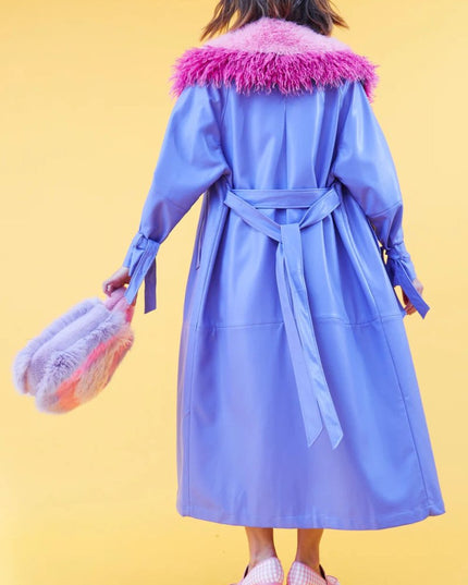 Purple Faux Leather Trench Coat w/ Detachable Faux Fur Collar - Faux Leather Coats - Buy Me Fur Ltd