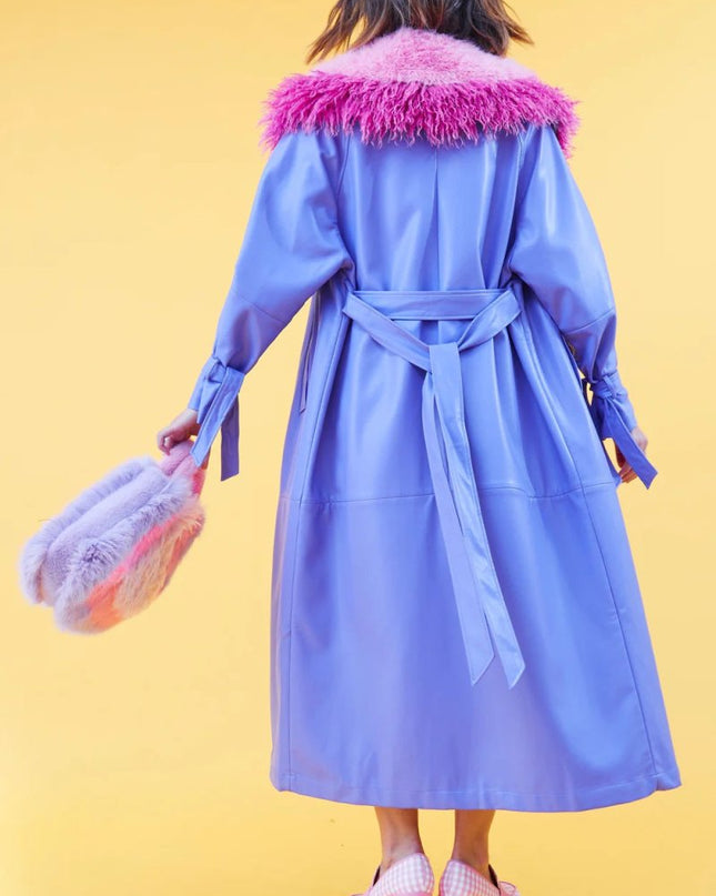 Purple Faux Leather Trench Coat w/ Detachable Faux Fur Collar - Faux Leather Coats - Buy Me Fur Ltd