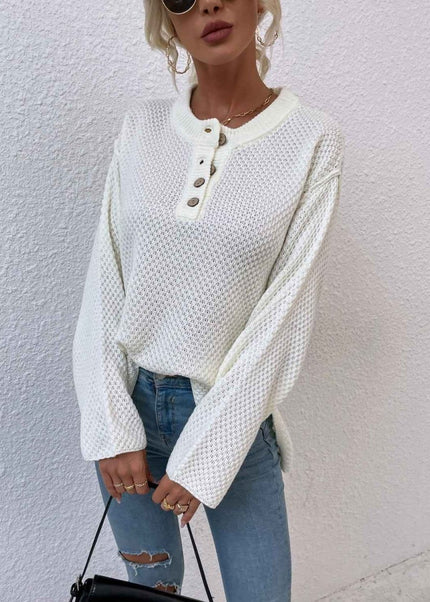 Quarter - Button Slit Sweater - Trendsi