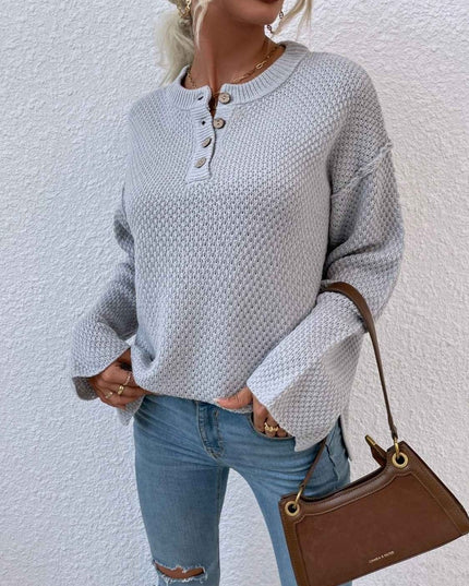Quarter - Button Slit Sweater - Trendsi