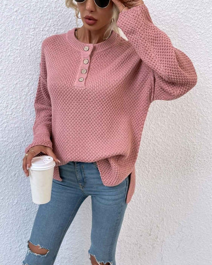 Quarter - Button Slit Sweater - Trendsi