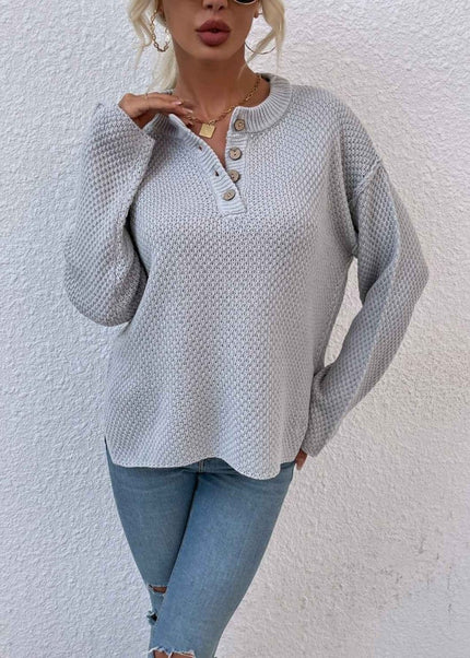 Quarter - Button Slit Sweater - Trendsi