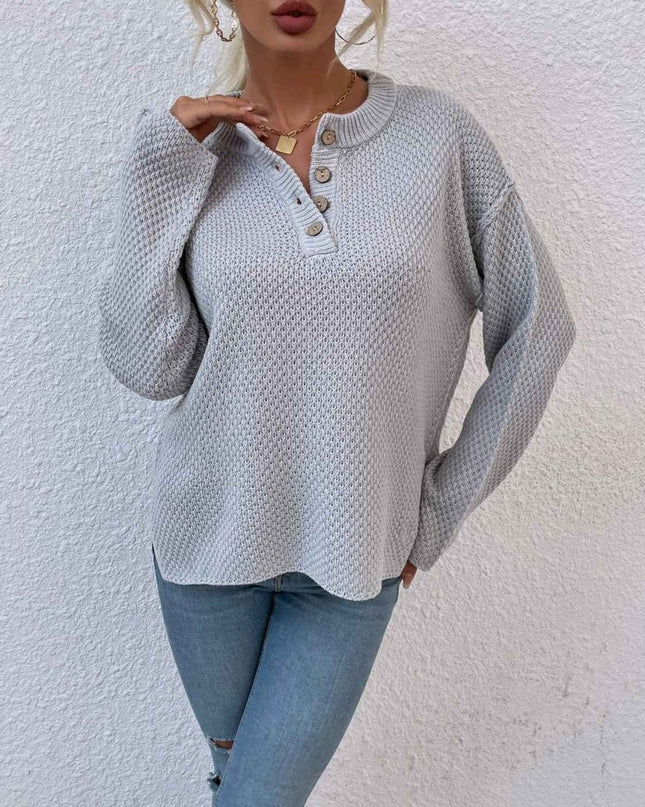 Quarter - Button Slit Sweater - Trendsi