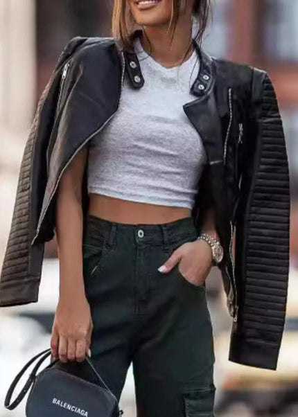 Quilted Sleeve Leather Moto Jacket - Trendsi