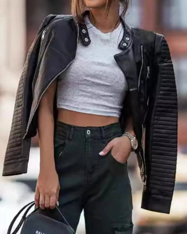 Quilted Sleeve Leather Moto Jacket - Trendsi