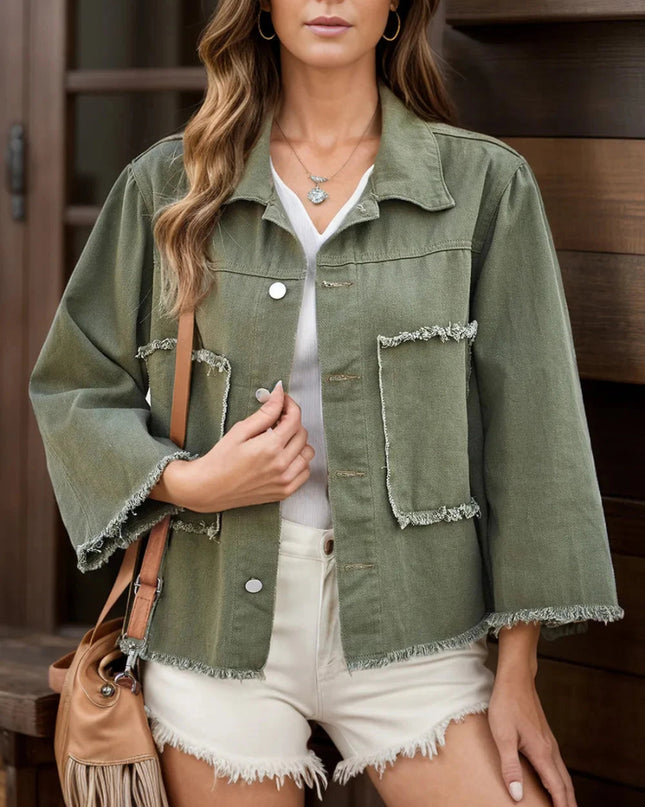 Raw Hem Button Up Denim Jacket - Trendsi