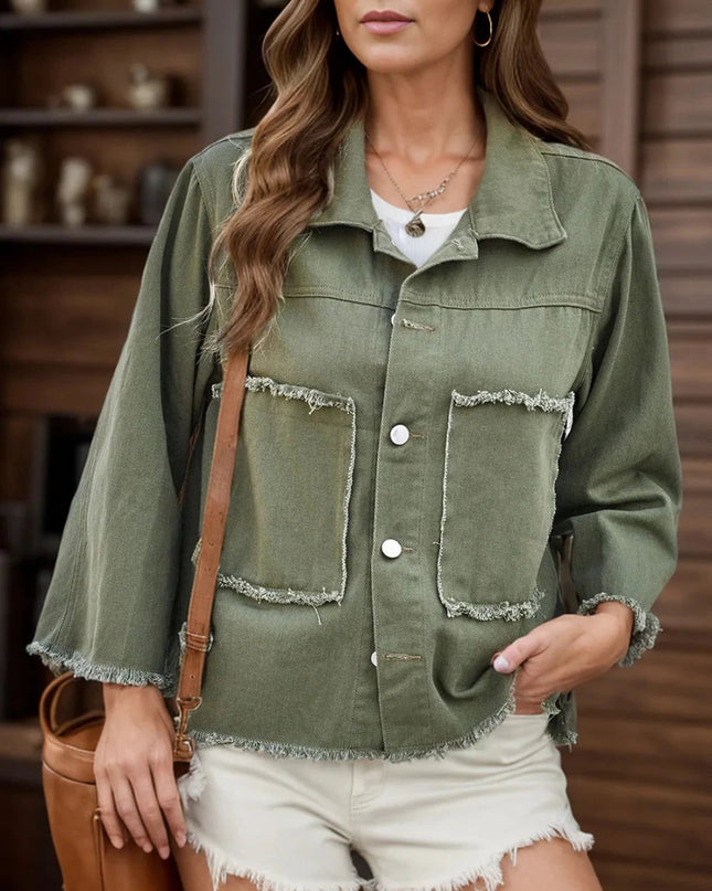 Raw Hem Button Up Denim Jacket - Trendsi