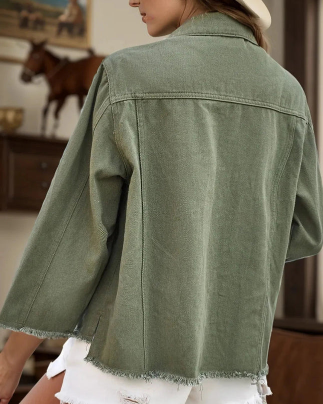 Raw Hem Button Up Denim Jacket - Trendsi