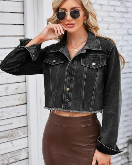 Raw Hem Denim Jacket with Pockets - Trendsi