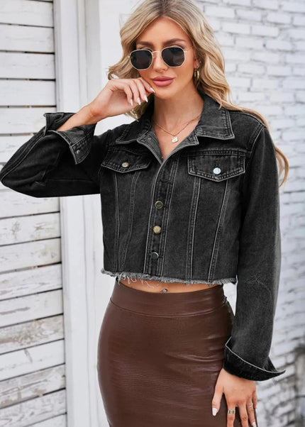 Raw Hem Denim Jacket with Pockets - Trendsi