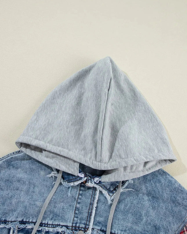Raw Hem Drawstring Plaid Denim Jacket - Trendsi