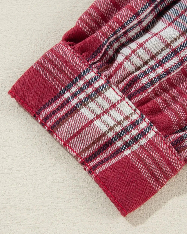 Raw Hem Drawstring Plaid Denim Jacket - Trendsi