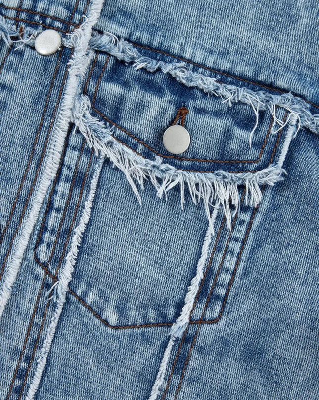 Raw Hem Drawstring Plaid Denim Jacket - Trendsi