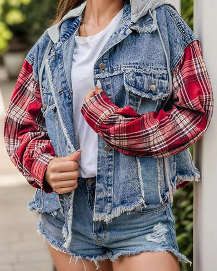 Raw Hem Drawstring Plaid Denim Jacket - Trendsi
