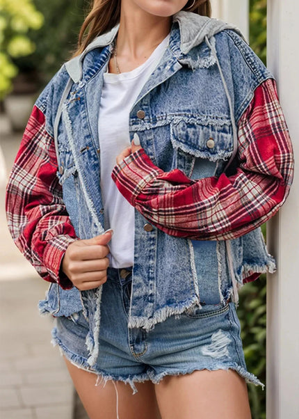 Raw Hem Drawstring Plaid Denim Jacket - Trendsi