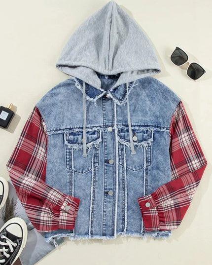 Raw Hem Drawstring Plaid Denim Jacket - Trendsi