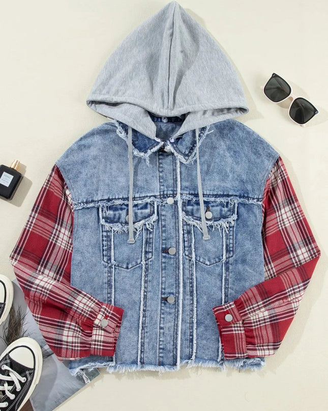 Raw Hem Drawstring Plaid Denim Jacket - Trendsi