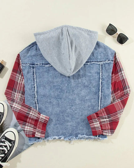 Raw Hem Drawstring Plaid Denim Jacket - Trendsi